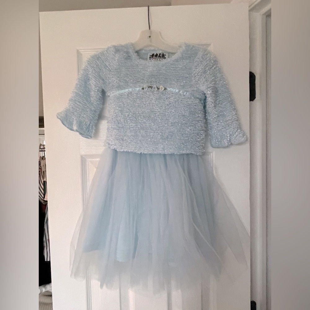 Vintage blue skirt and sweater girls outfit.